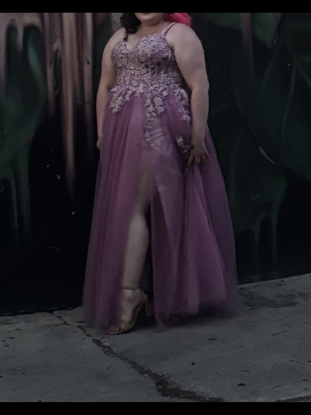 Plus-Size Lavender Lace Appliqué Evening Gown